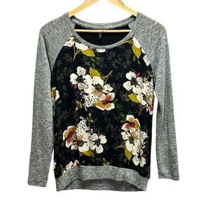 Kut From The Kloth Floral Raglan LS Blouse Womens XS Black Gray Relaxed Sweater